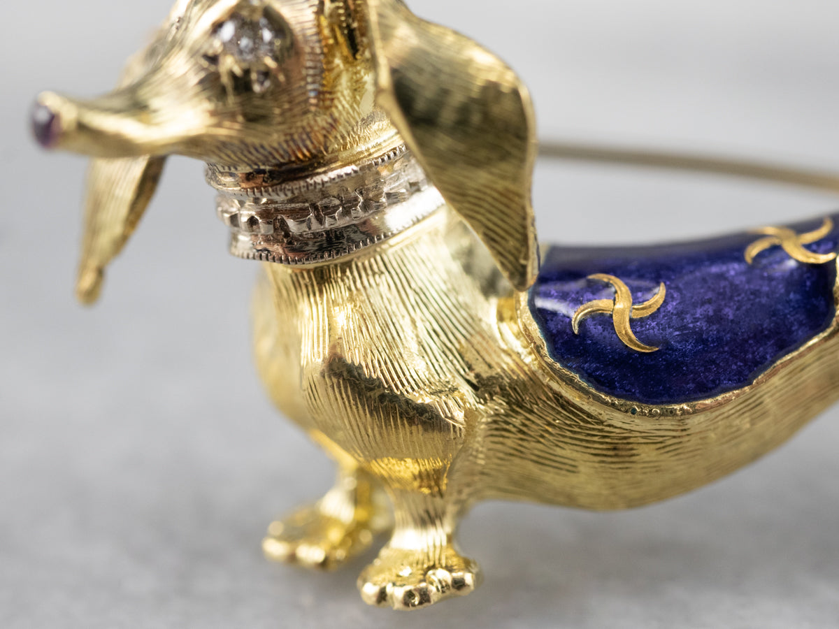 Dachshund Diamond and Enamel Brooch