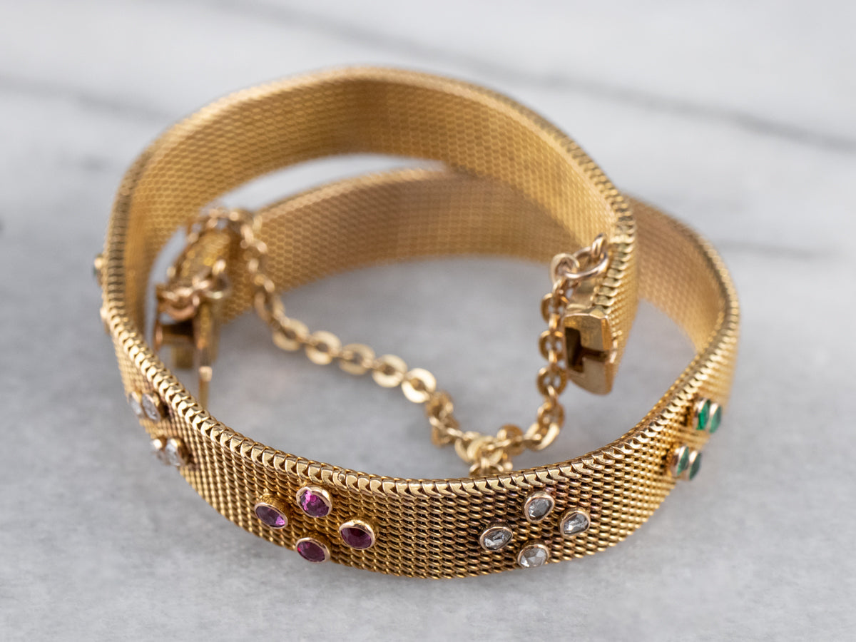 Ruby Diamond Emerald Gold Mesh Bracelet