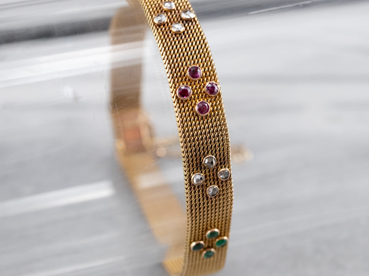 Ruby Diamond Emerald Gold Mesh Bracelet