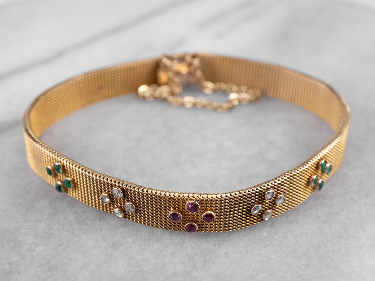Ruby Diamond Emerald Gold Mesh Bracelet