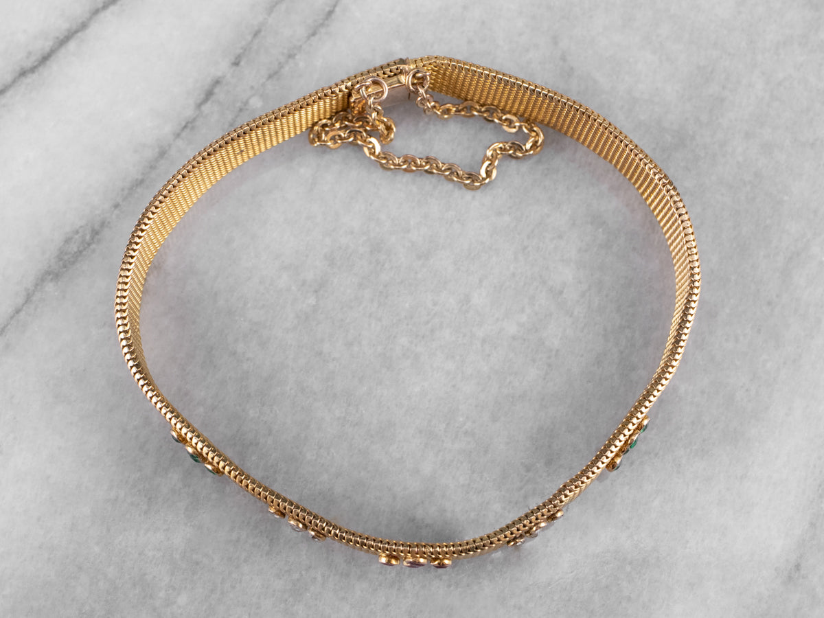 Ruby Diamond Emerald Gold Mesh Bracelet