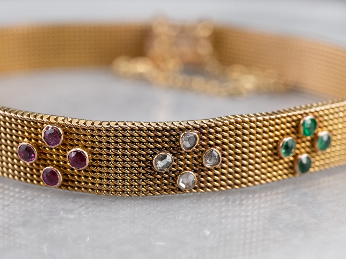 Ruby Diamond Emerald Gold Mesh Bracelet