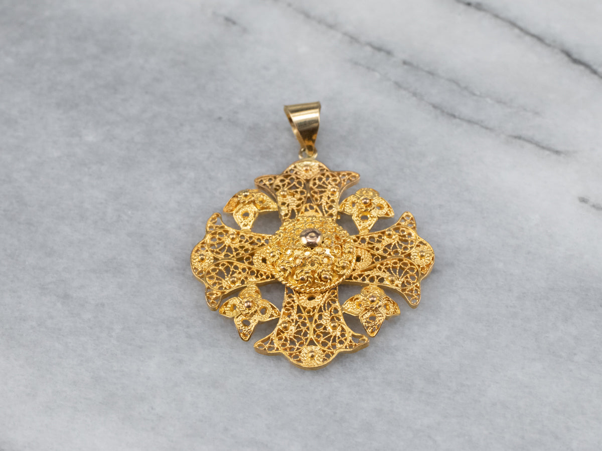 Ornate 18K Gold Filigree Cross Pendant