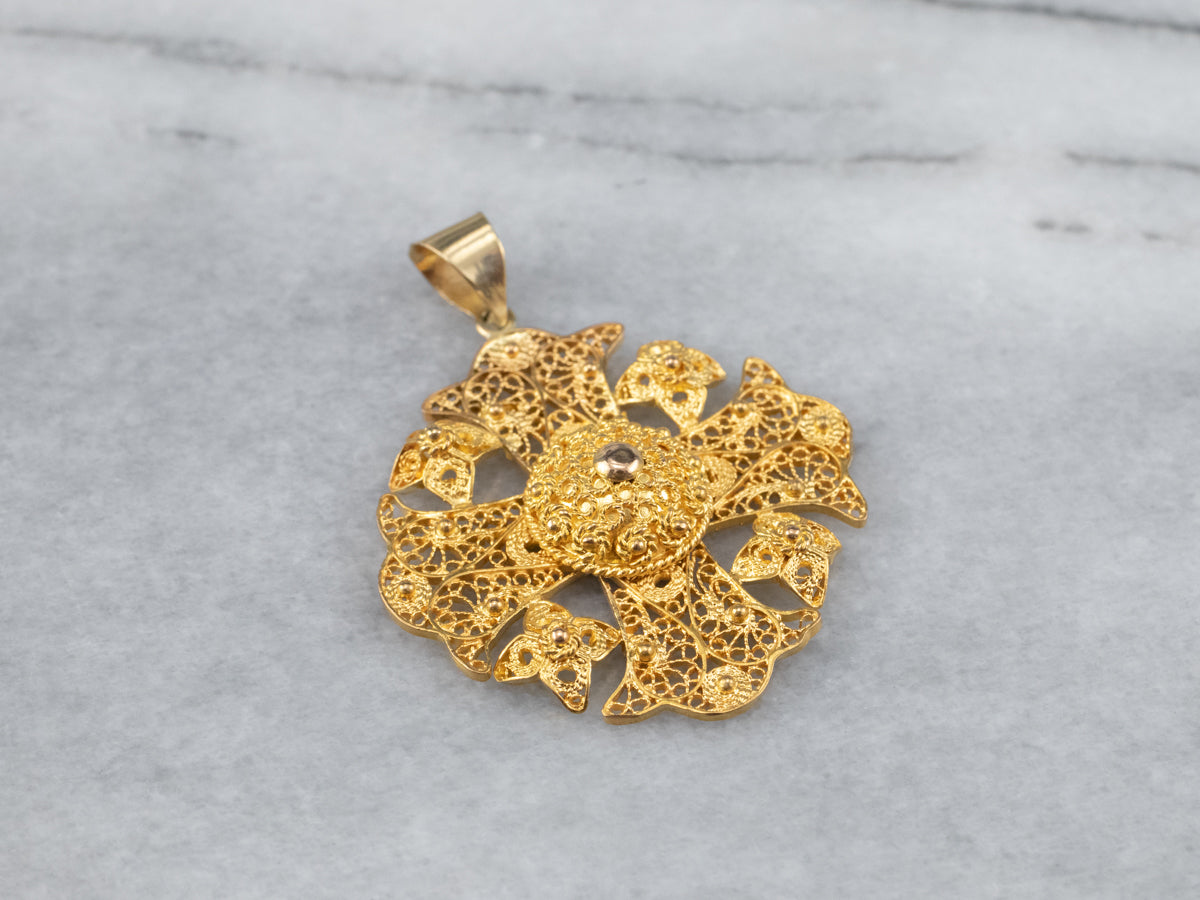 Ornate 18K Gold Filigree Cross Pendant