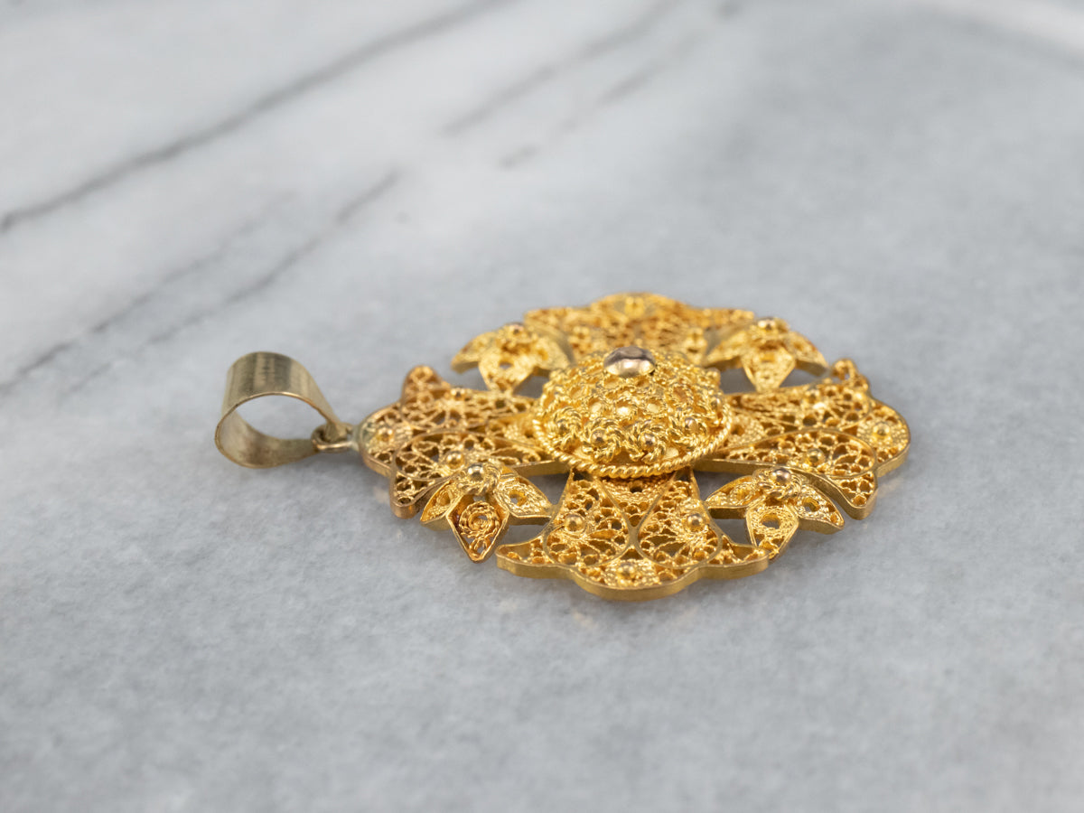 Ornate 18K Gold Filigree Cross Pendant