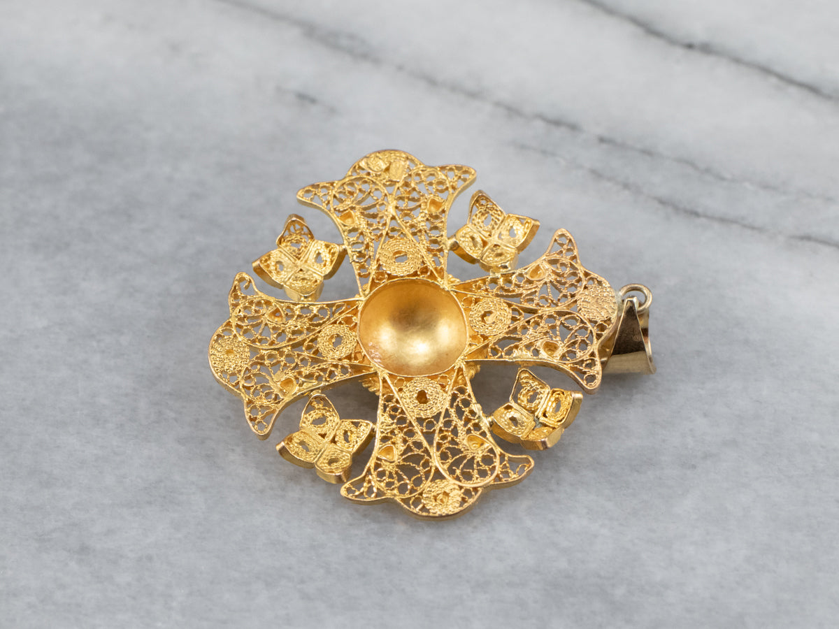 Ornate 18K Gold Filigree Cross Pendant