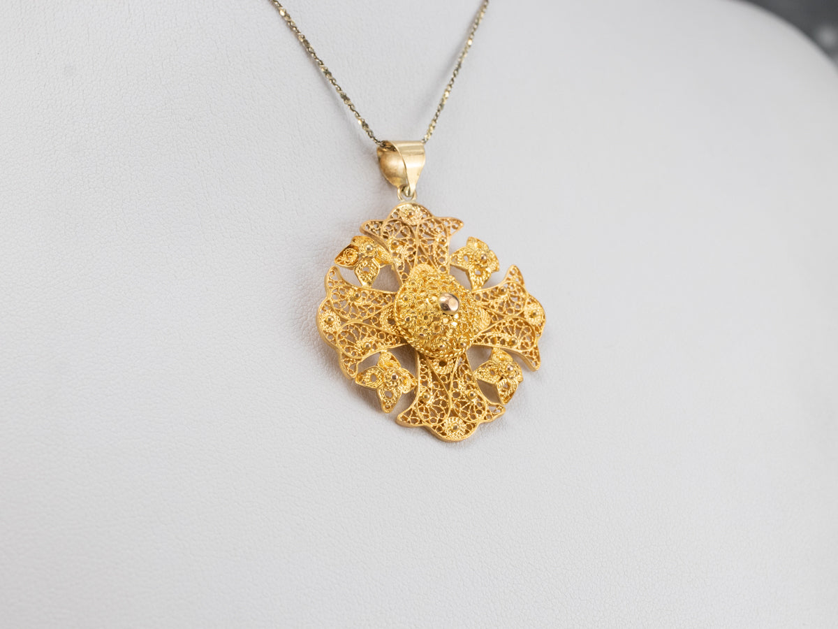 Ornate 18K Gold Filigree Cross Pendant