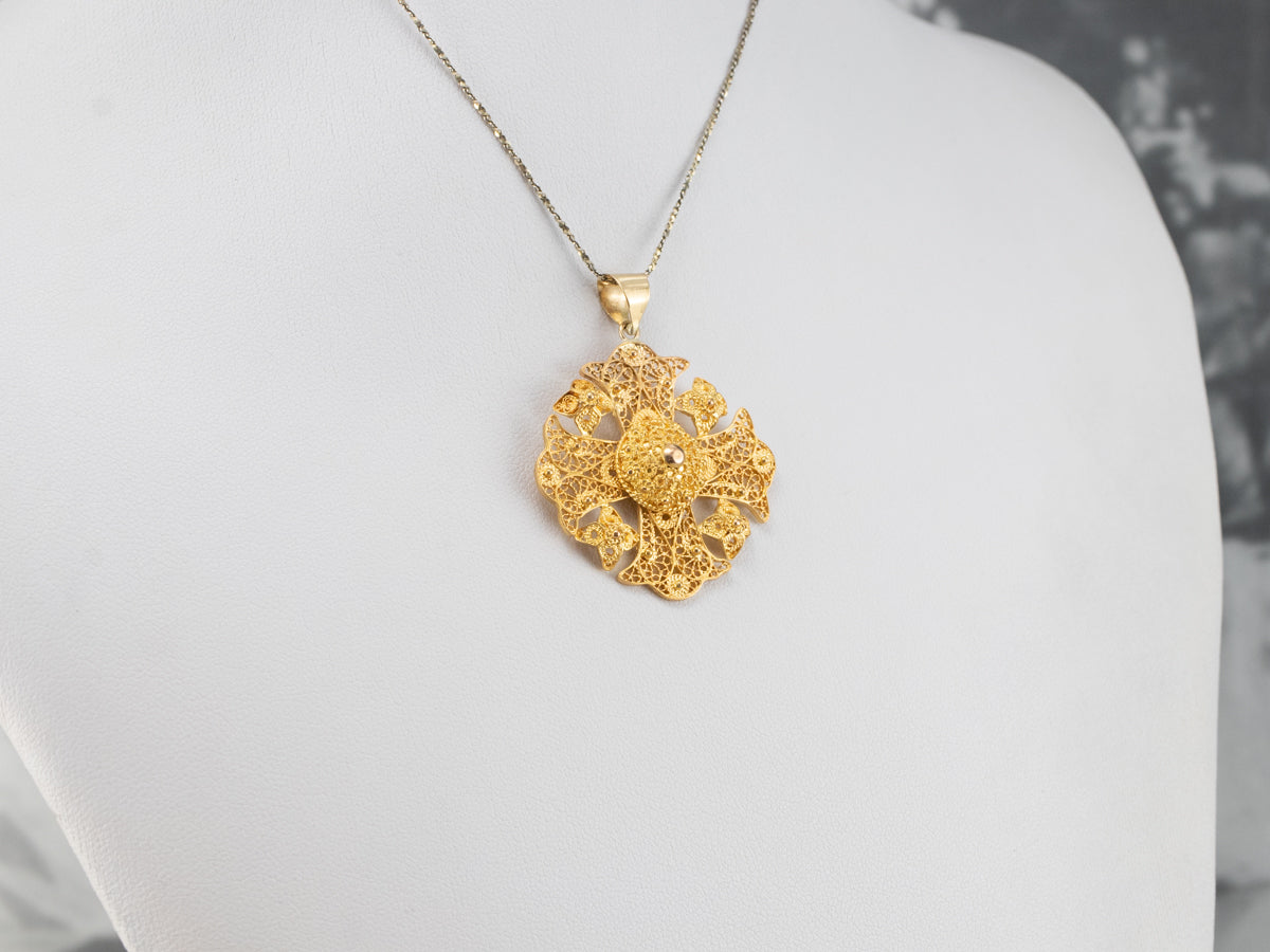 Ornate 18K Gold Filigree Cross Pendant