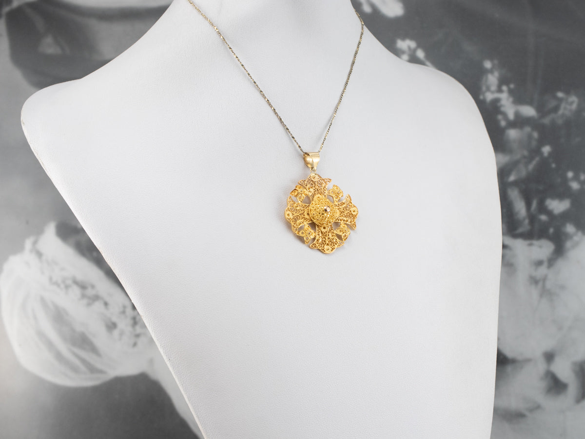 Ornate 18K Gold Filigree Cross Pendant