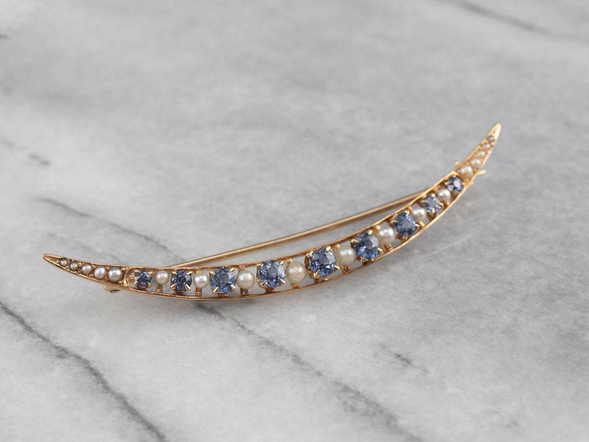 Antique Synthetic Sapphire and Seed Pearl Moon Pin