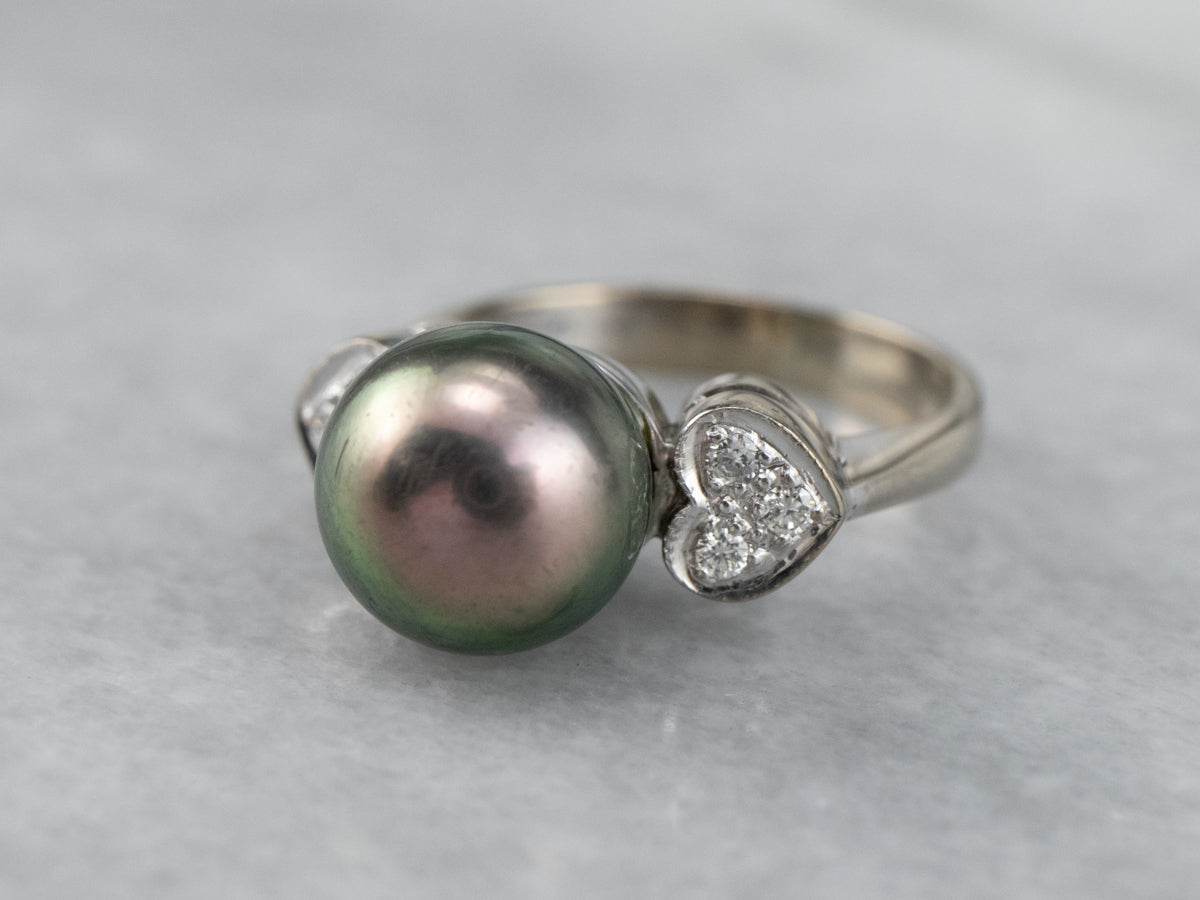 Sweetheart Diamond and Black Pearl Ring