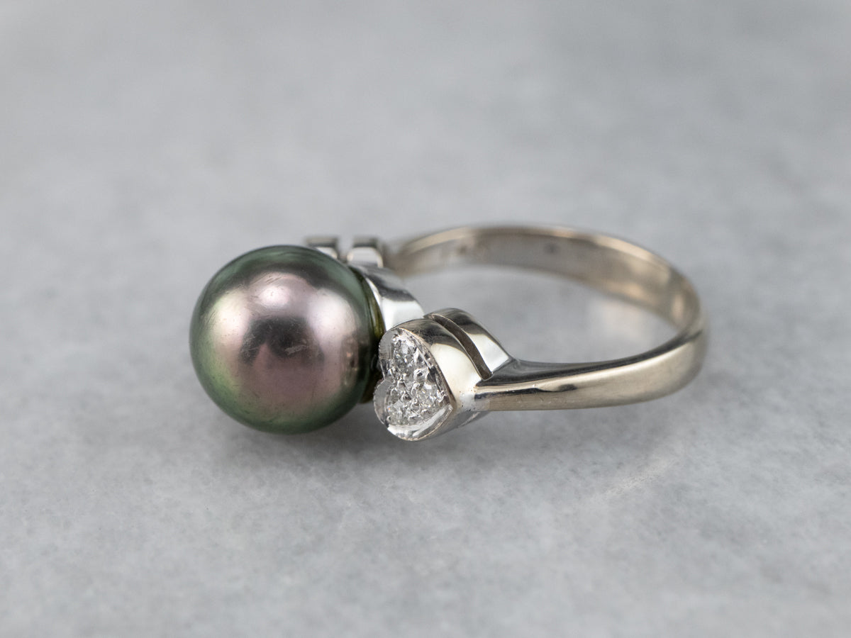 Sweetheart Diamond and Black Pearl Ring