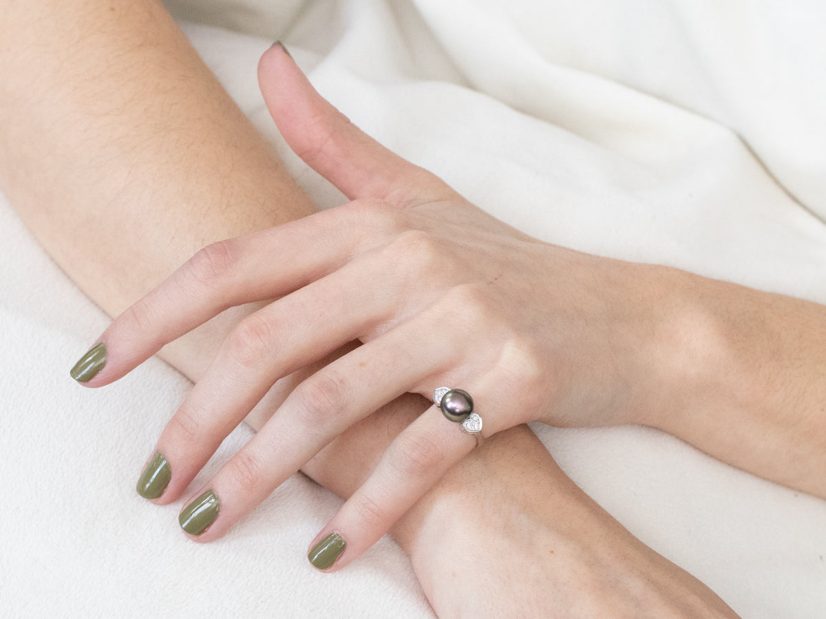 Sweetheart Diamond and Black Pearl Ring