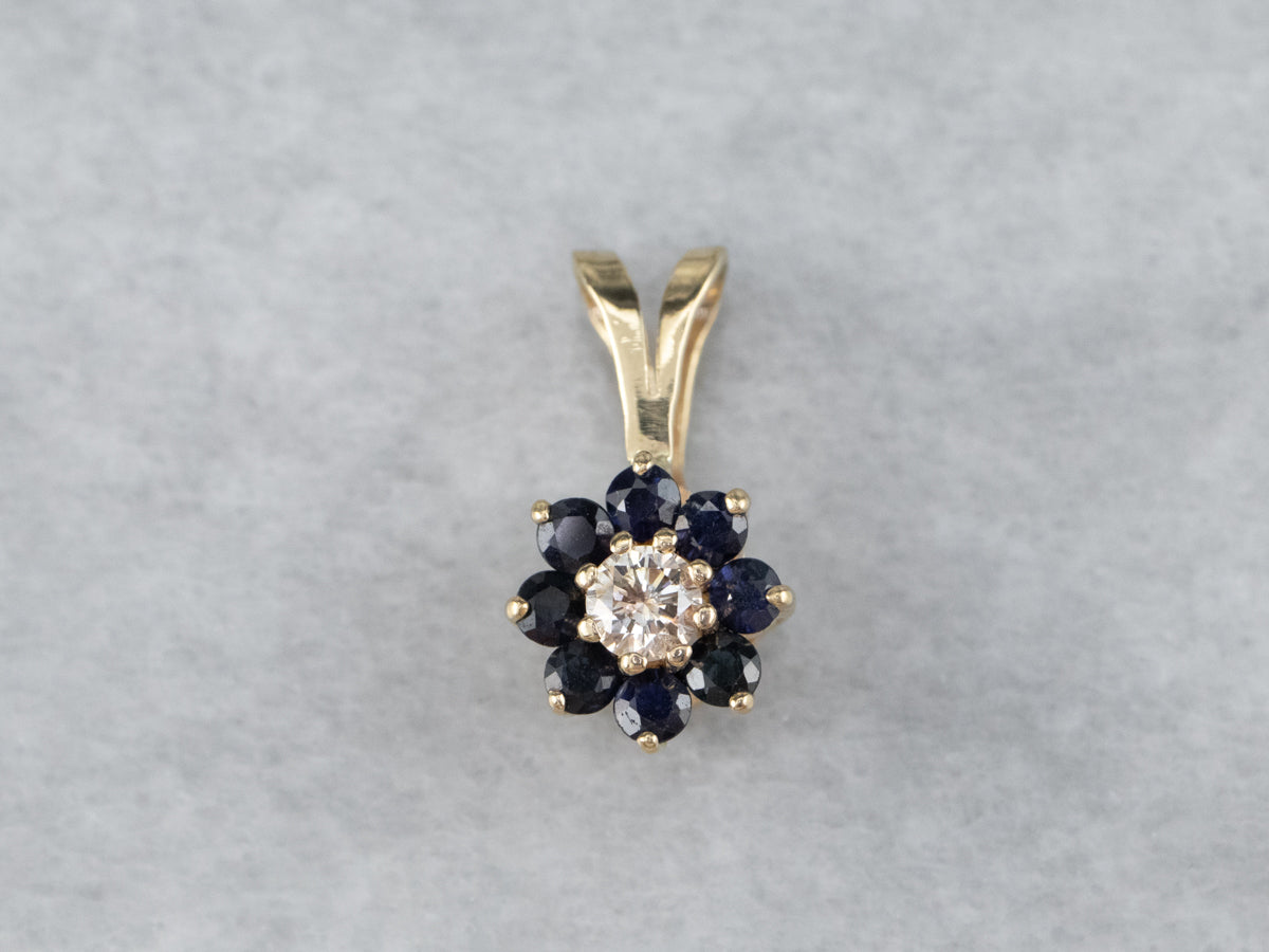 Gold Sapphire and Diamond Halo Pendant