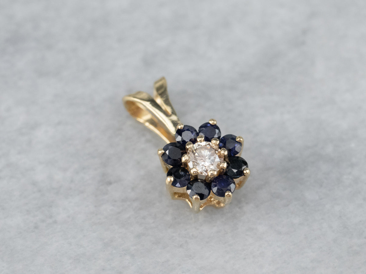 Gold Sapphire and Diamond Halo Pendant