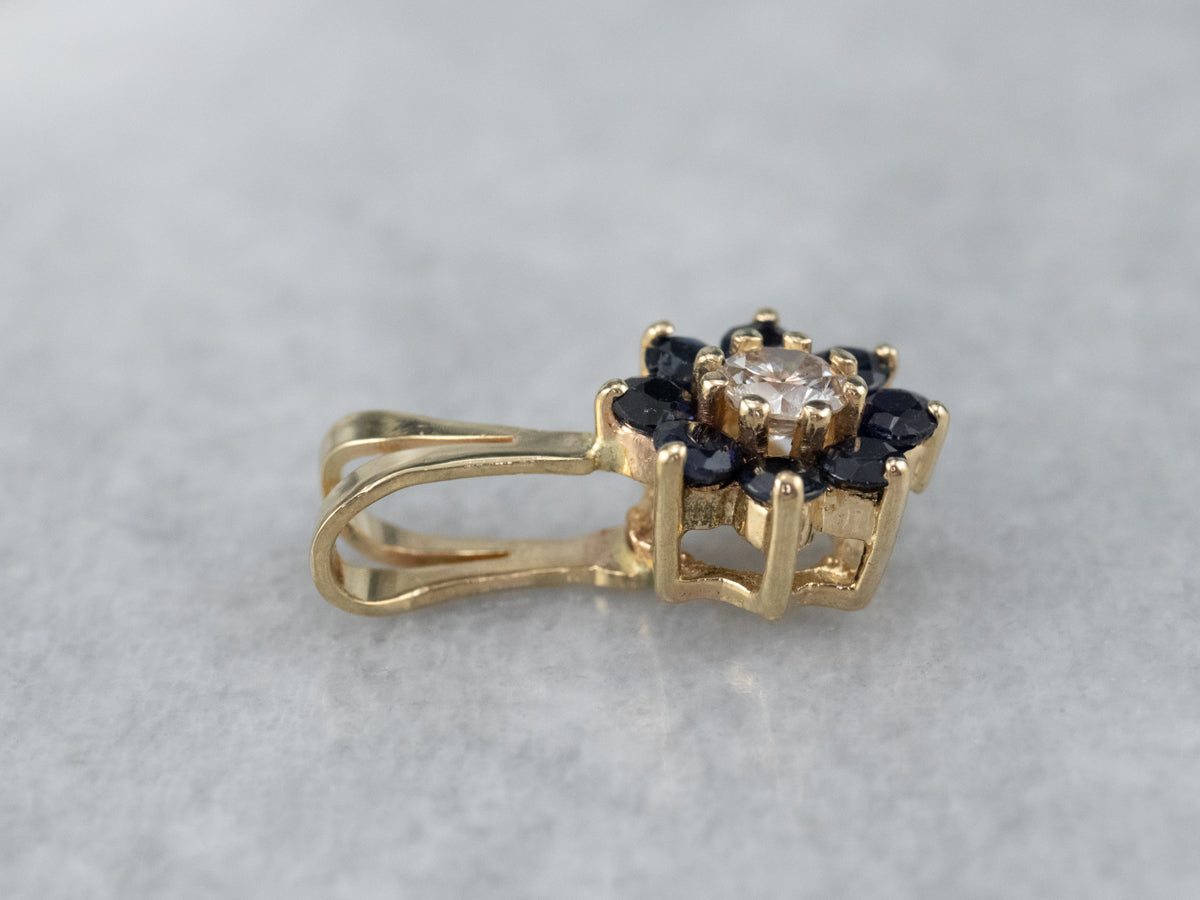 Gold Sapphire and Diamond Halo Pendant