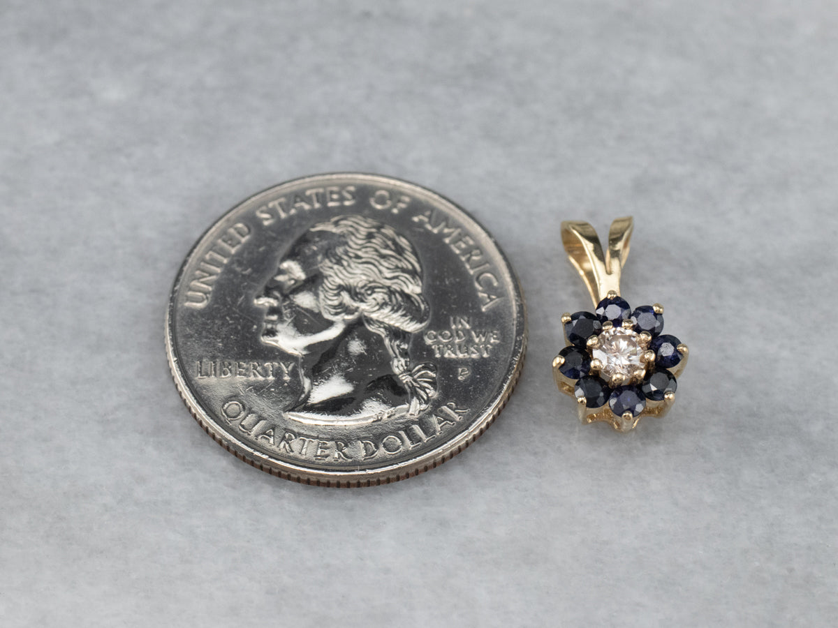 Gold Sapphire and Diamond Halo Pendant