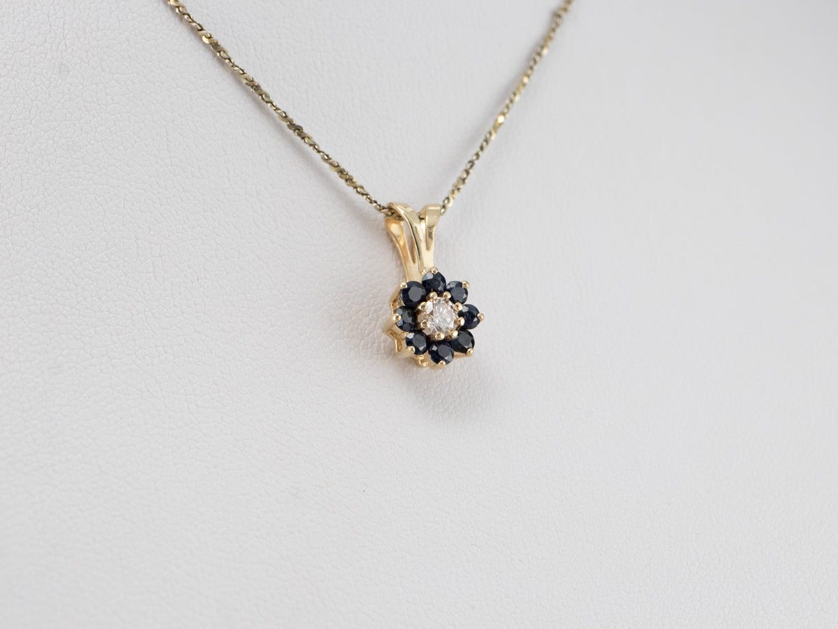 Gold Sapphire and Diamond Halo Pendant
