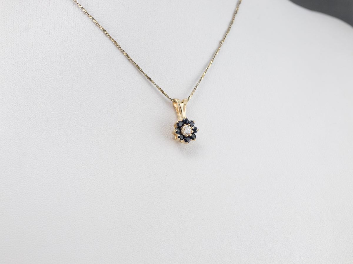 Gold Sapphire and Diamond Halo Pendant