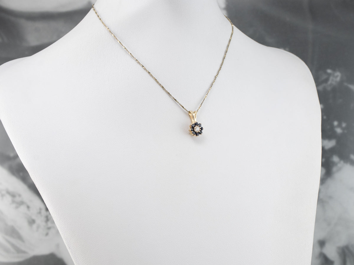 Gold Sapphire and Diamond Halo Pendant