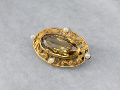 Art Nouveau Citrine and Pearl Brooch