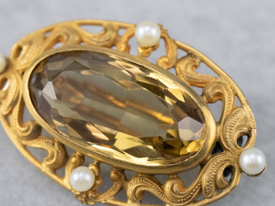Art Nouveau Citrine and Pearl Brooch