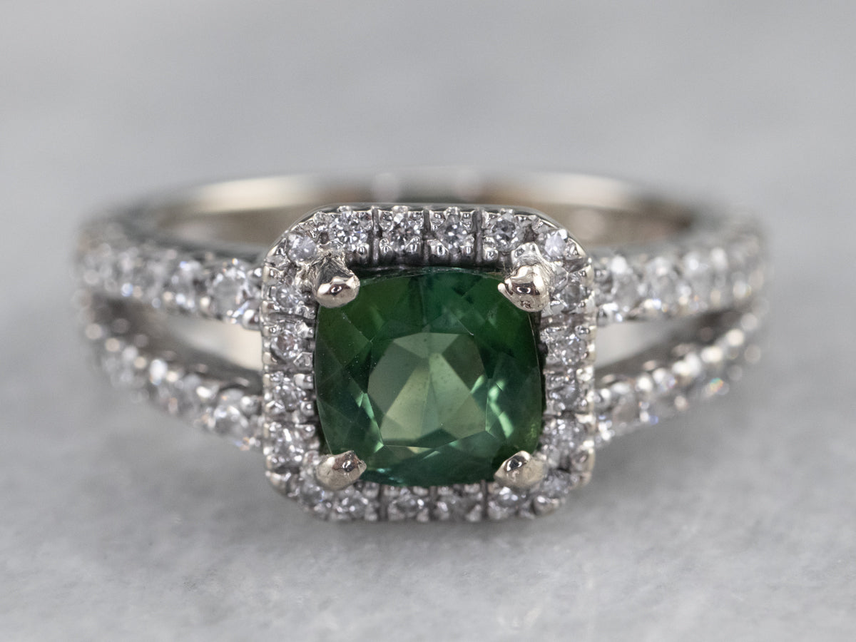 Green Tourmaline Diamond Halo Ring