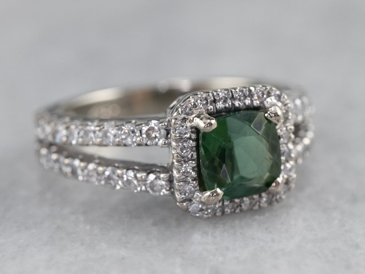 Green Tourmaline Diamond Halo Ring