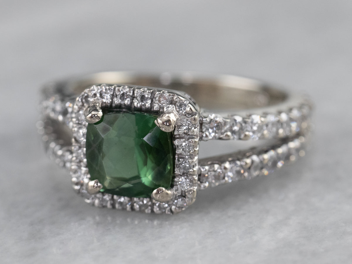 Green Tourmaline Diamond Halo Ring