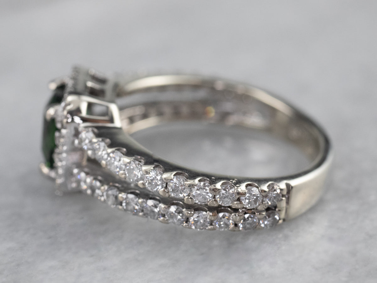 Green Tourmaline Diamond Halo Ring