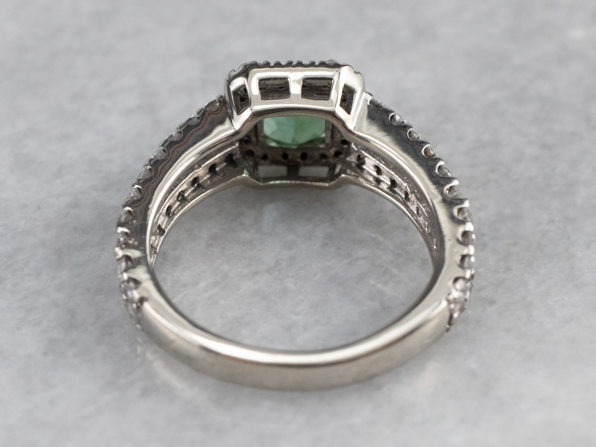 Green Tourmaline Diamond Halo Ring