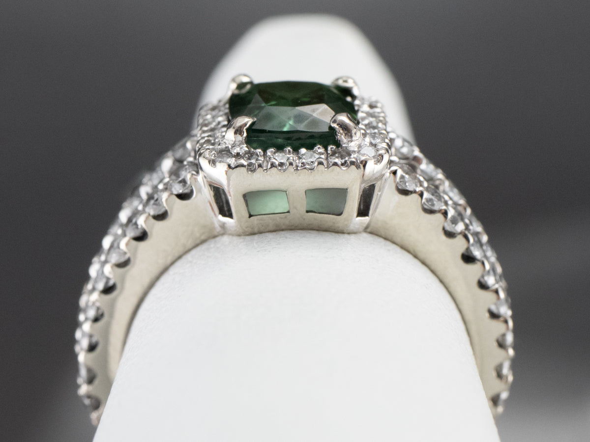 Green Tourmaline Diamond Halo Ring
