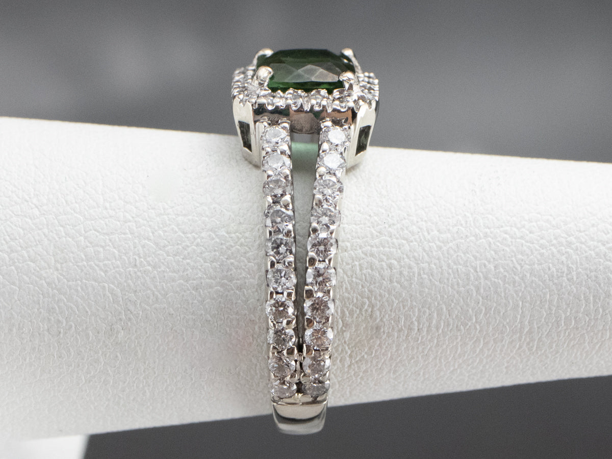 Green Tourmaline Diamond Halo Ring