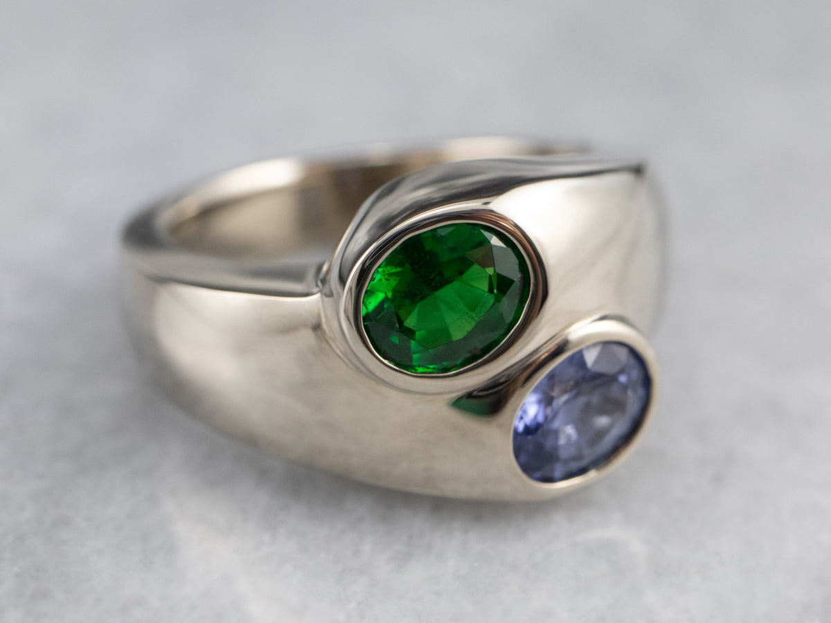 Modernist Sapphire and Tsavorite Garnet Ring