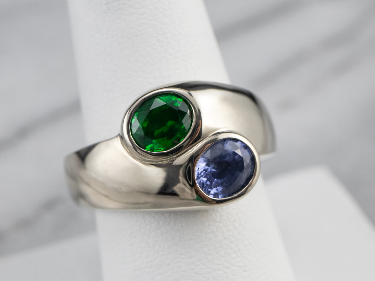 Modernist Sapphire and Tsavorite Garnet Ring