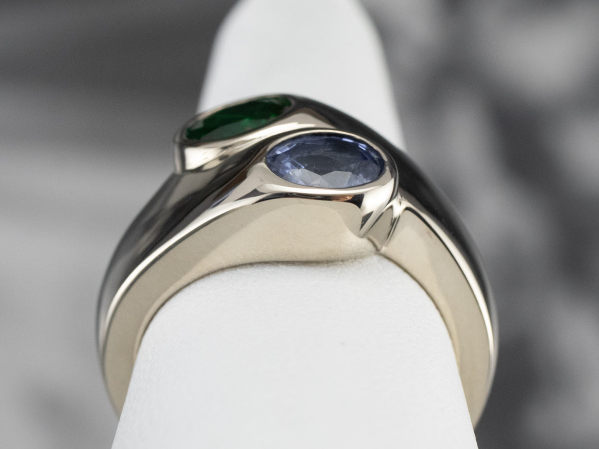 Modernist Sapphire and Tsavorite Garnet Ring
