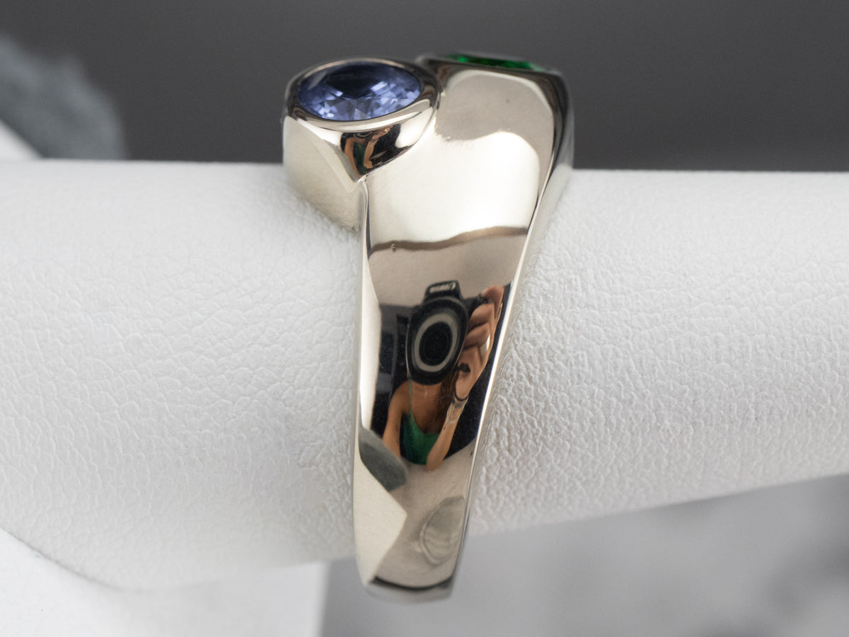 Modernist Sapphire and Tsavorite Garnet Ring