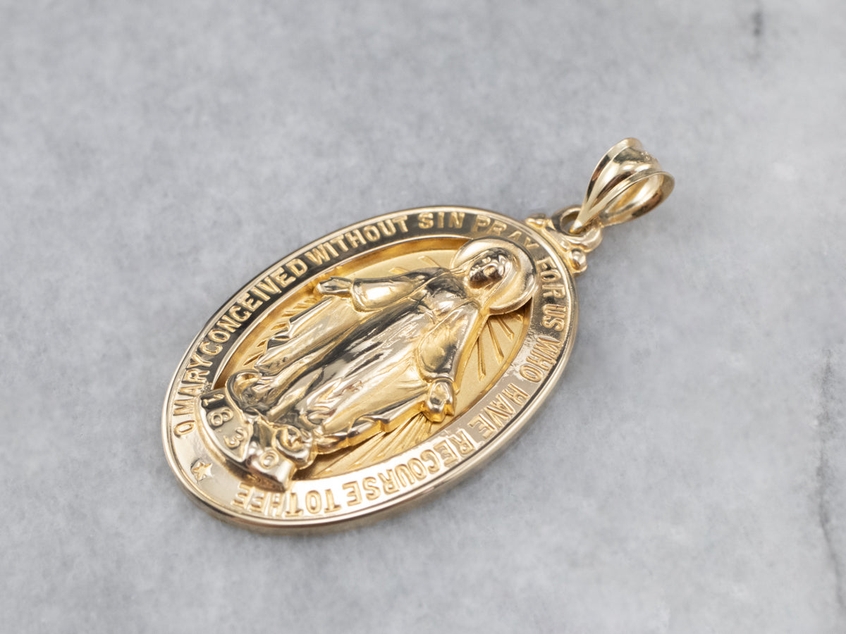 14K Gold Mary Religious Medal Pendant