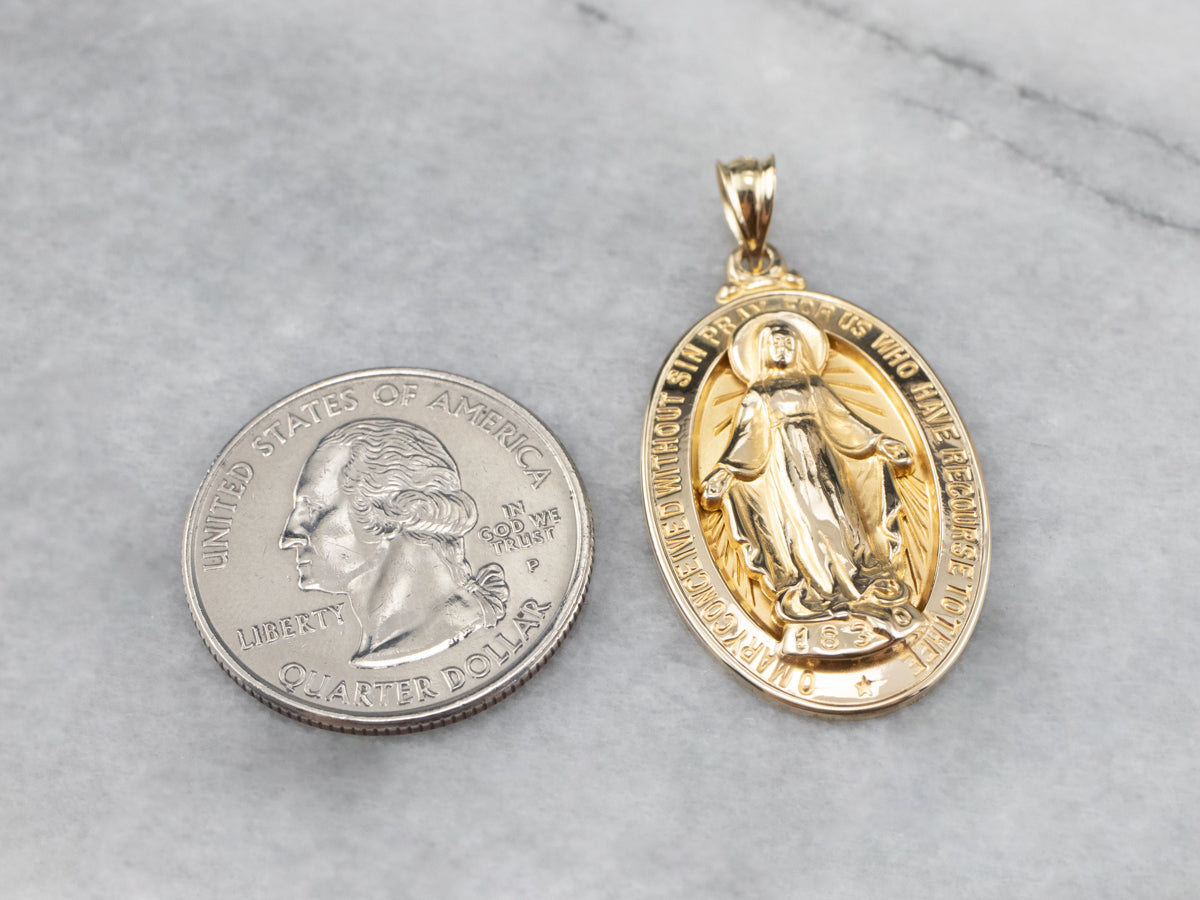 14K Gold Mary Religious Medal Pendant