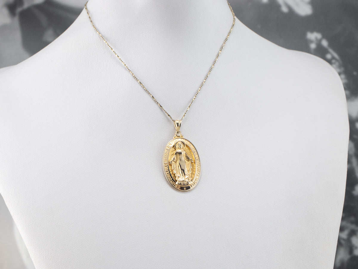 14K Gold Mary Religious Medal Pendant