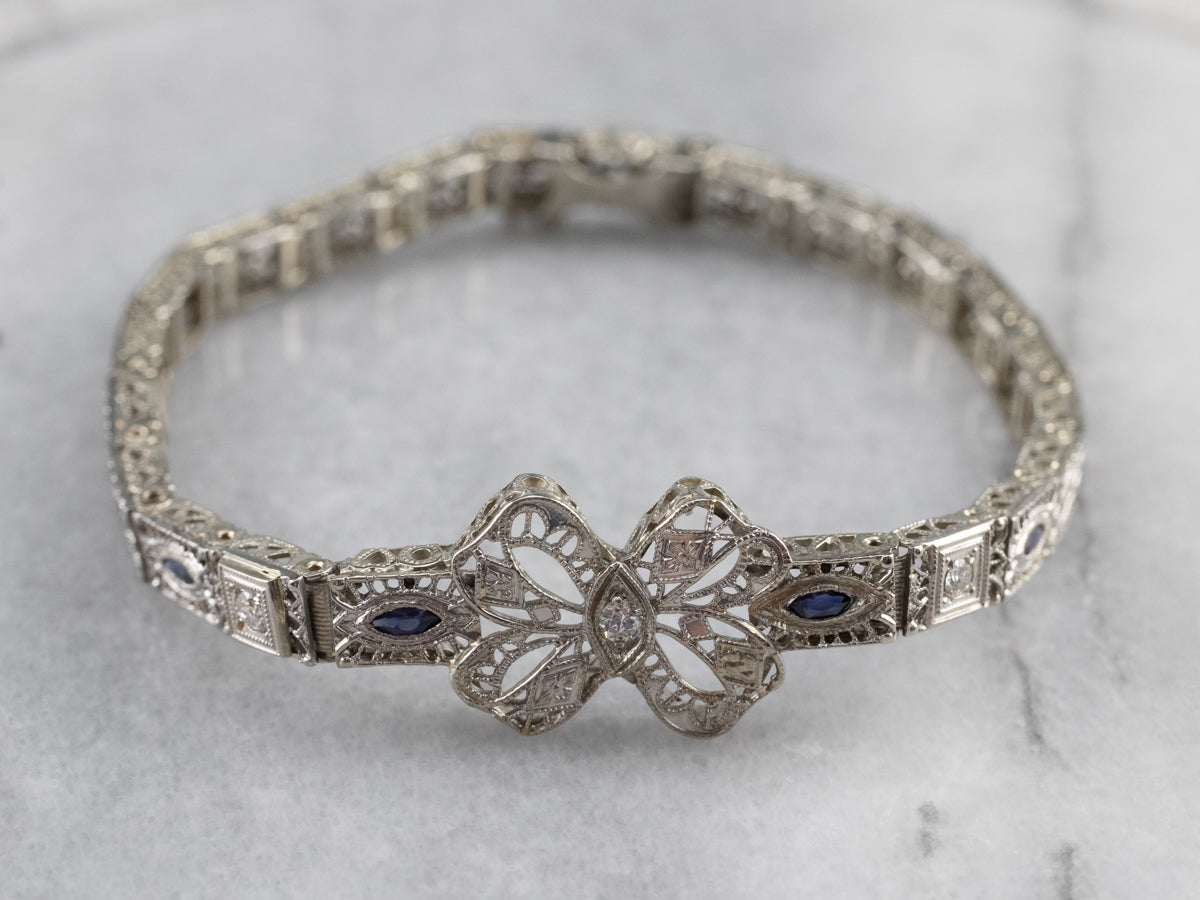 Art Deco Diamond Filigree Bow Link Bracelet