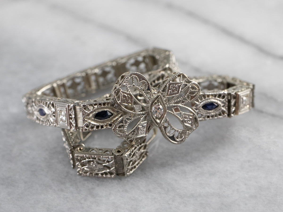 Art Deco Diamond Filigree Bow Link Bracelet