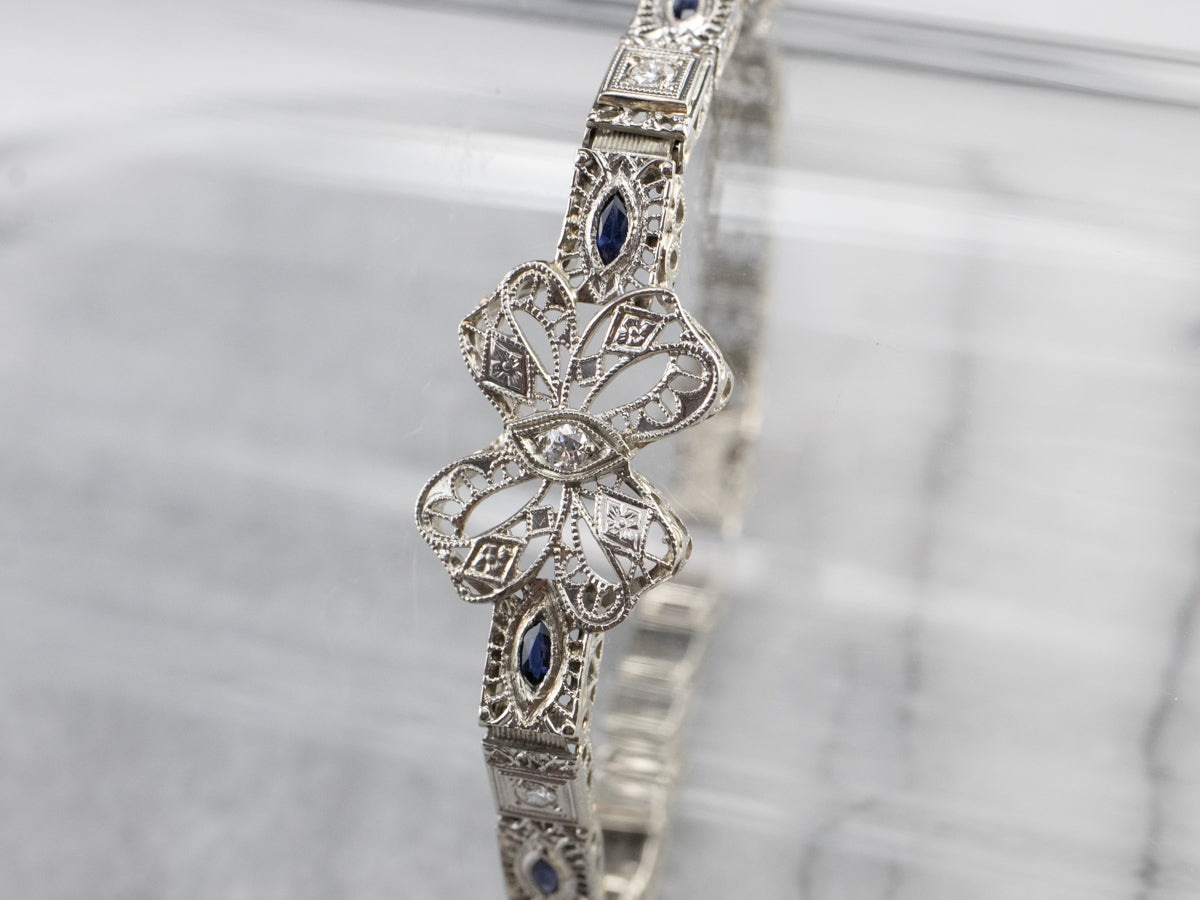Art Deco Diamond Filigree Bow Link Bracelet