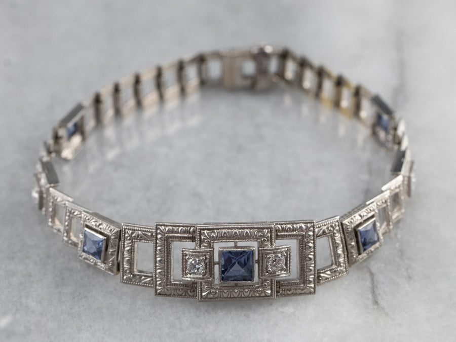 Art Deco Synthetic Sapphire and Diamond Link Bracelet