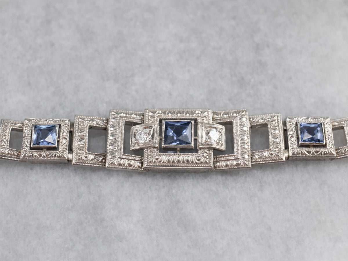Art Deco Synthetic Sapphire and Diamond Link Bracelet