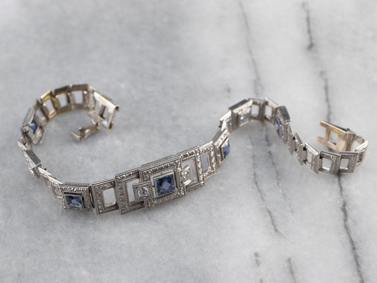 Art Deco Synthetic Sapphire and Diamond Link Bracelet