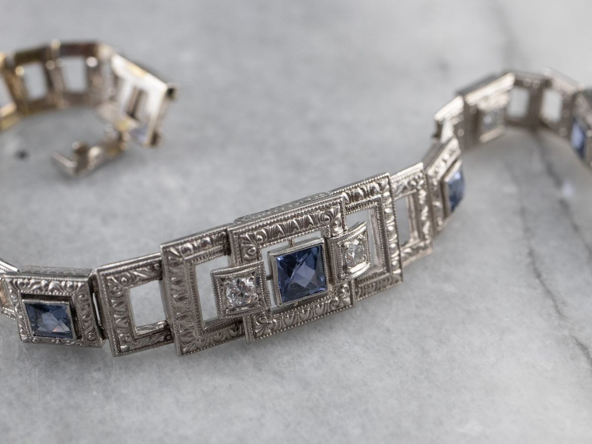 Art Deco Synthetic Sapphire and Diamond Link Bracelet
