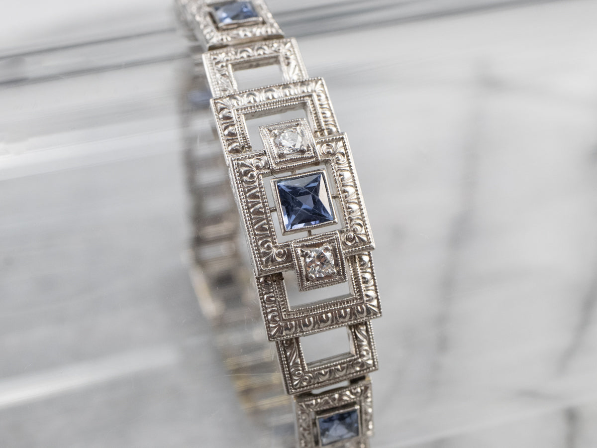 Art Deco Synthetic Sapphire and Diamond Link Bracelet