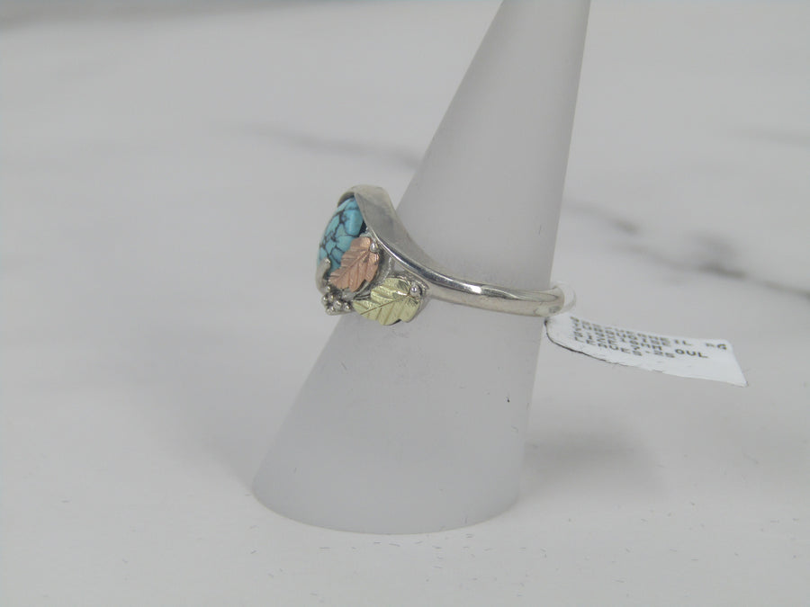 Silver Turquoise Ring With Vermeil Leaves