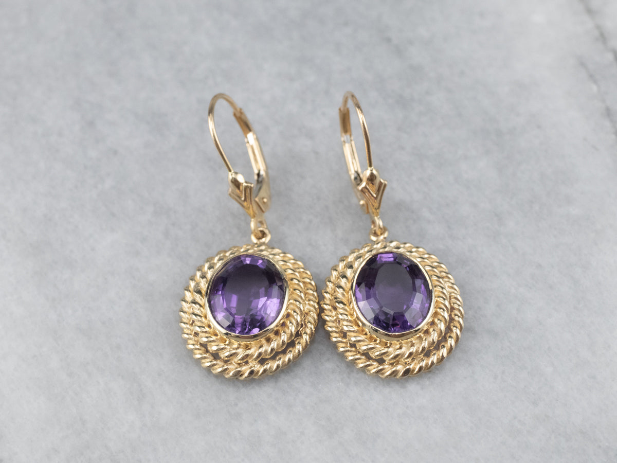 Twisting Gold Amethyst Drop Earrings